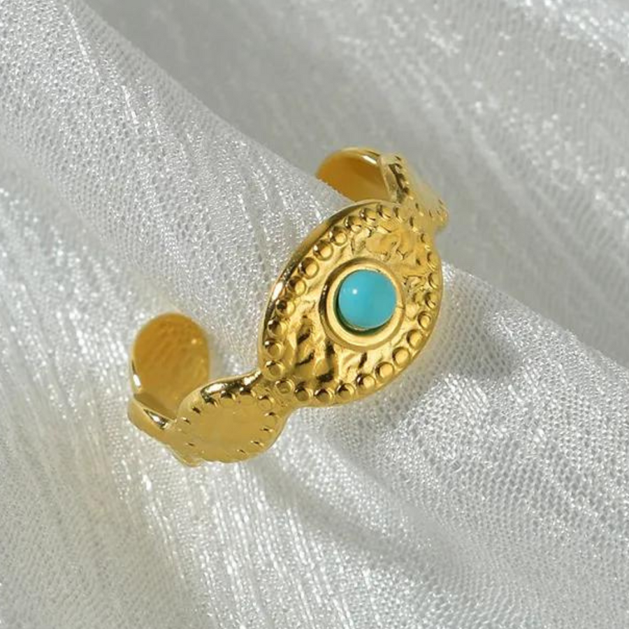 14 K PLATED GOLD AJUSTABLE TURQUOISE STAINLESS STEEL RING