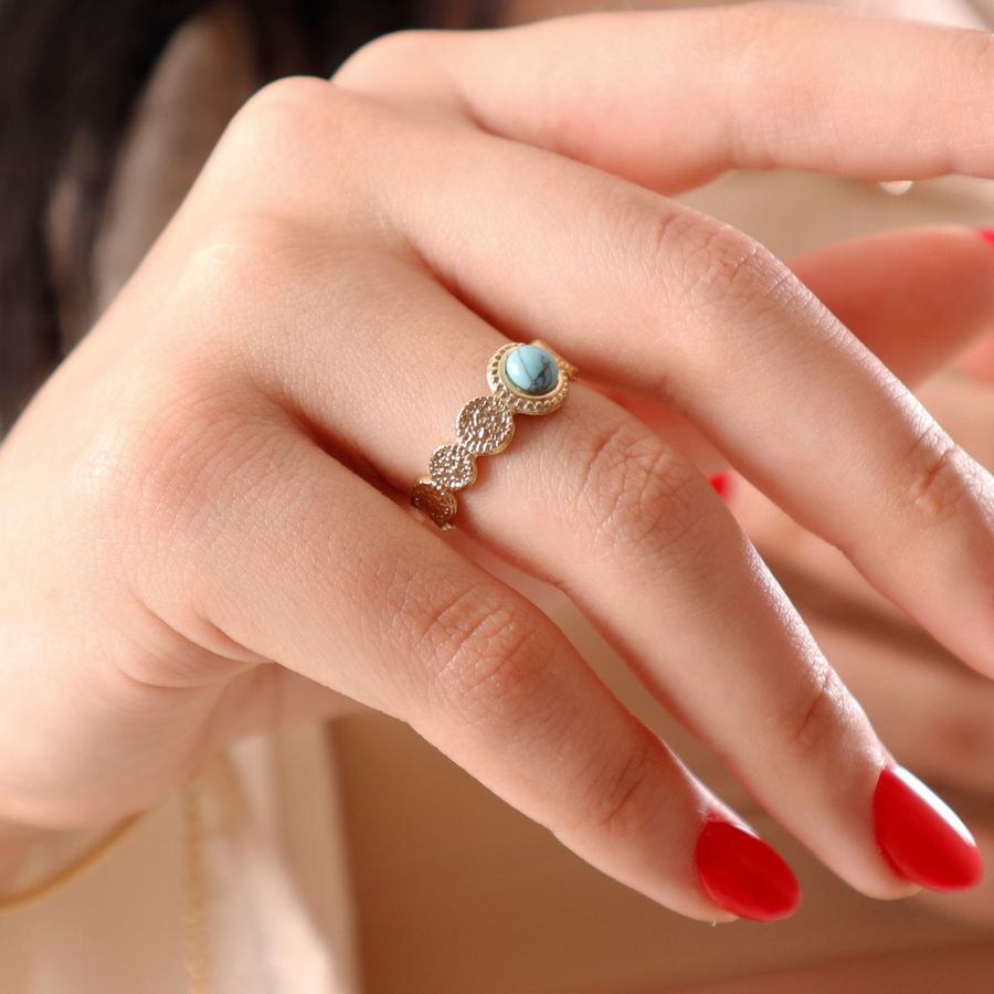 14 K PLATED GOLD AJUSTABLE TURQUOISE STAINLESS STEEL RING