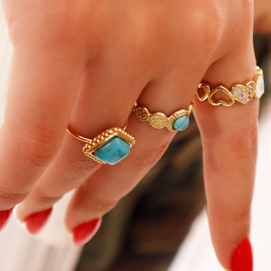 14 K PLATED GOLD AJUSTABLE TURQUOISE STAINLESS STEEL RING